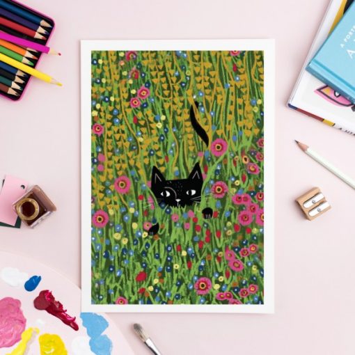 Cat Hiding In A Klimt Garden A4 Print