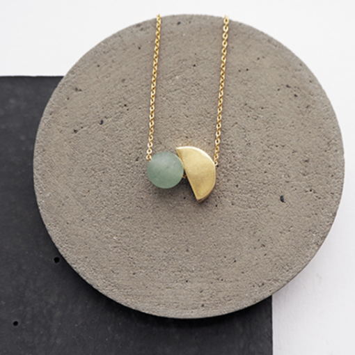 Semi Circle + Aventurine Bead - Brass Necklace - Image 2