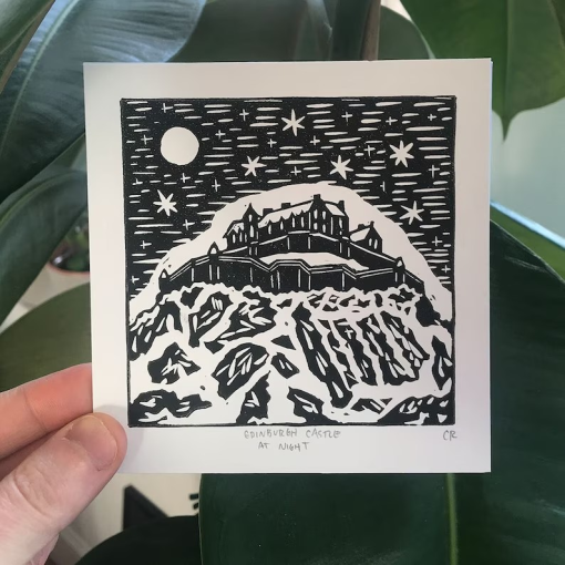 Edinburgh Castle - Mini B&W linocut