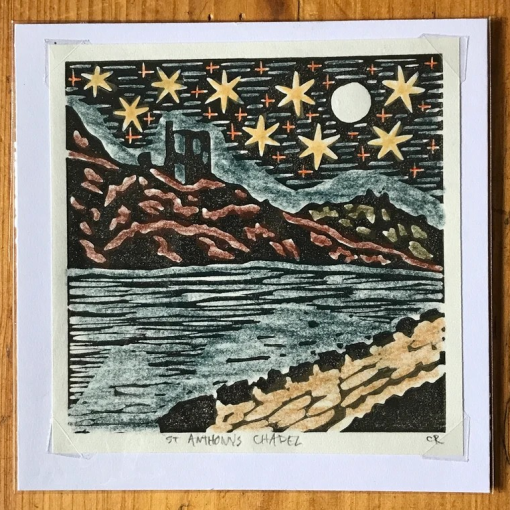 St Anthony's Chapel - Mini Coloured linocut