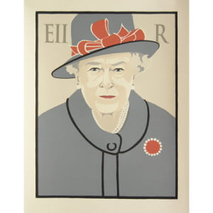 Queen Elizbeth II wears gray and orange and looks out from a buff background with an 'EII' and an 'R' on either side